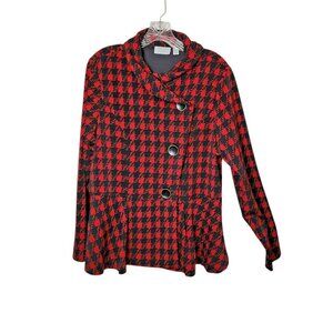 Susan Graver Red Black Plaid Jacket L Long Sleeve Button‎ Front Peplum Hem